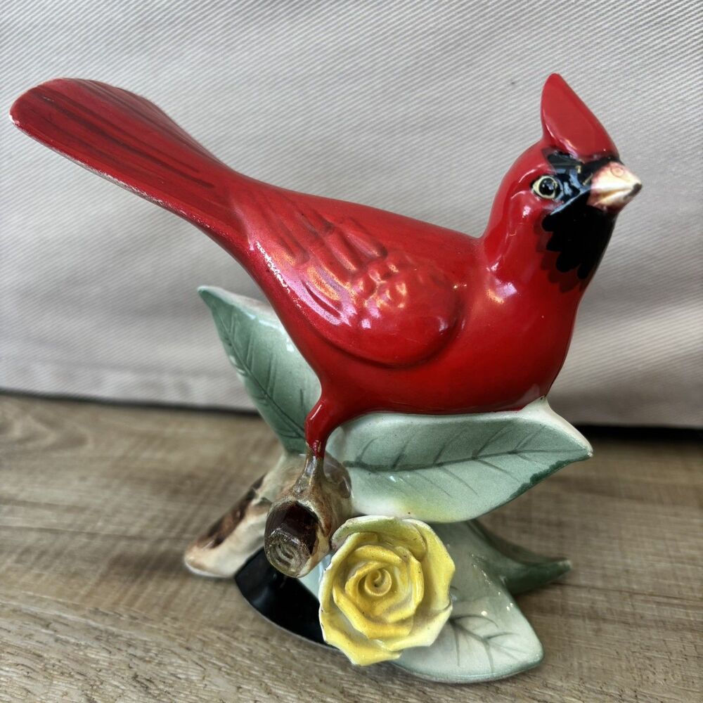 Vintage Lefton Red Cardinal Bird Branch Yellow Rose Japan Hand Painted Figurine
